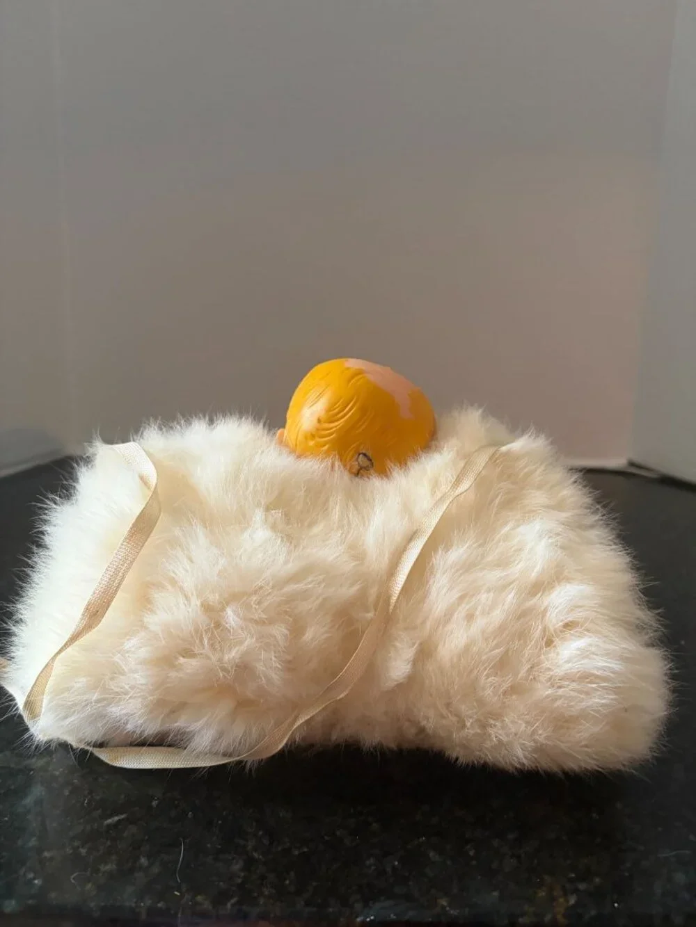Vintage 1950's Kitschy Molded Rubber Doll Head, Fur Muff
